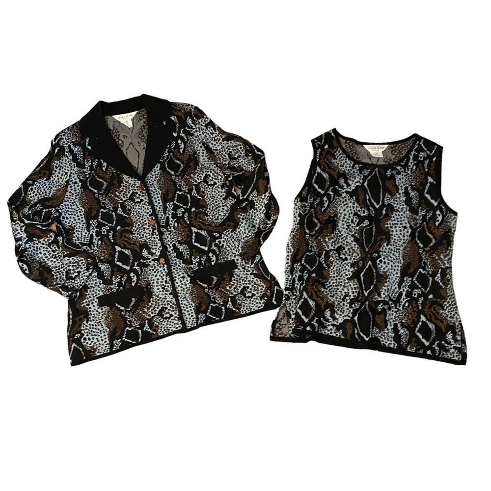 Misook Blue Black Jacket Tank Set Size Medium Knit reptile animal print blazer - Picture 4 of 16
